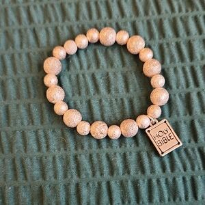 Stretchy Silver Beaded Bracelet with Holy Bible Charm